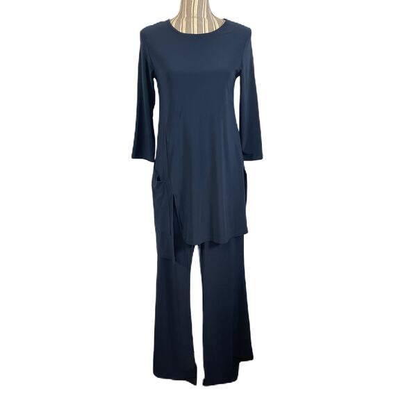 Sympli Blue 2 Pc. Asymmetric Top/ Pants Flare Hem Elastic Waist Size 6